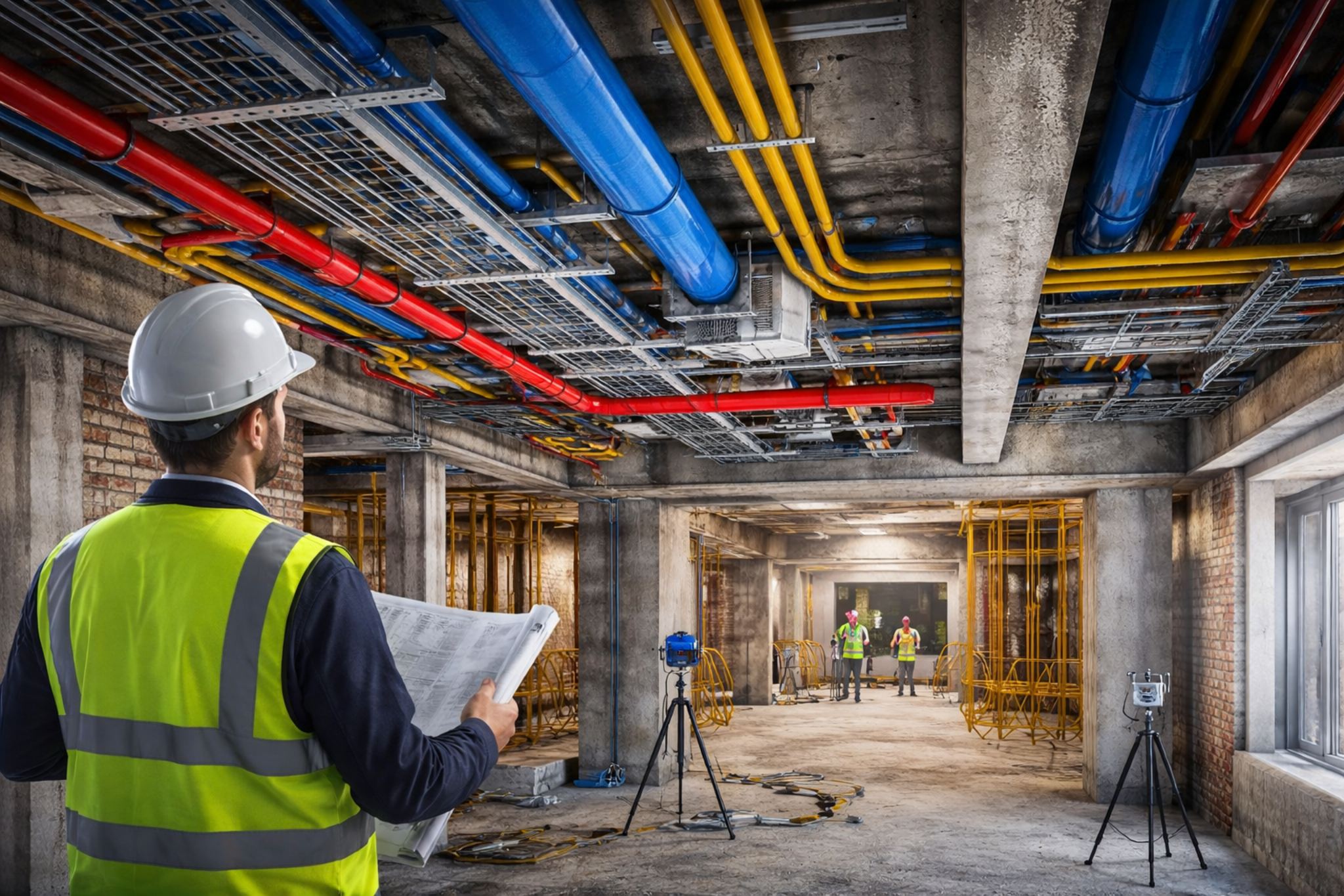 KV Smartflow site engineer inspecting technical services installation on a live project